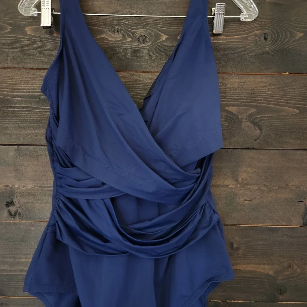 Lands End Womens One Piece Swimsuit Size 14 Navy Blue Grecian Wrap